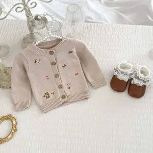 Cardigan in Maglia Ricamato a Fiori per Neonata 100% Cotone Manica Lunga Girocollo Maglione a Bottoni per Bambini