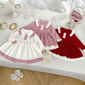 Girls contrast collar knitted dresses with pearl buttons and pleated hem in three colors