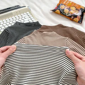 Striped baby long sleeve t-shirts set in ribbed cotton knit with elastic high collar