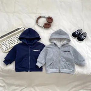 Toddler Boys Winter Fleece Lined Hooded Jacket Letter Print Zip Up Sweatshirt Thick Warm Outerwear Casual Kids Coat
