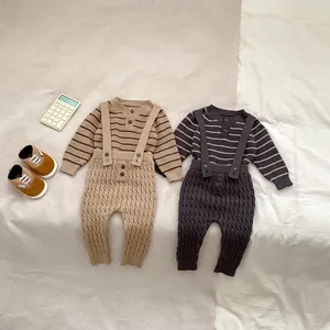 Conjunto de Punto para Bebé Suéter de Rayas de Manga Larga y Pantalones de Tirantes Trenzados Ropa de Otoño e Invierno