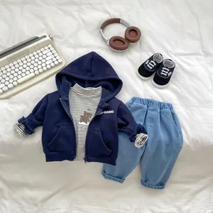 Boys 3-piece casual outfit with navy hoodie, striped t-shirt and blue trousers