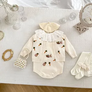 Vêtements Barboteuse Tricotée Bébé Broderie Lapin Carotte Coton Nourrisson Cardigan Manches Longues Et Body Tenue Mode