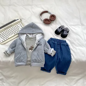 Toddler boy grey fleece hoodie set with striped bear tee and navy cuffed jeans