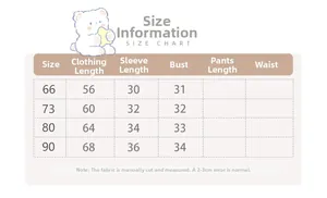 Tableau des tailles détaillé pour barboteuse bébé ours avec mesures de longueur et buste