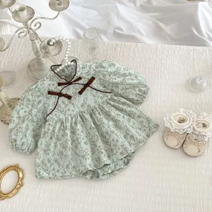 Floral baby girl romper with traditional Chinese knot buttons and matching lace shoes