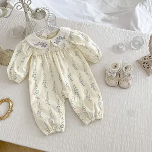 Baby Girl Floral Long Sleeve Romper 100% Cotton Peter Pan Collar Embroidered Toddler Jumpsuit Infant Spring Autumn Bodysuit