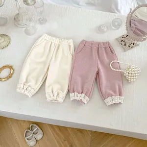 Toddler Girls Fleece Lined Winter Pants Lace Ruffle Hem Solid Color Ribbed Warm Leggings Elastic Waist Casual Bottoms