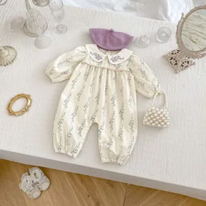 Floral baby girl long sleeve romper with purple embroidery and lace collar details
