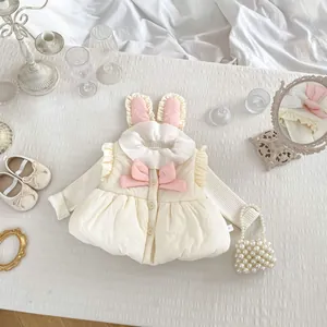 Gilet Matelassé Bébé Fille Oreilles de Lapin Épaissi Chaud Automne Hiver Gilet Nœud Rose Col à Volants Vêtements Tout-petit