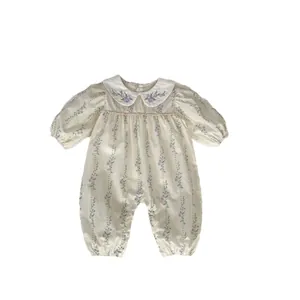 Floral baby girl long sleeve romper with Peter Pan collar and purple embroidery details