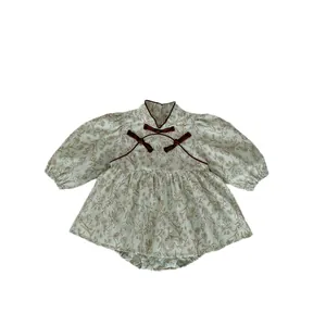 Infant girl floral one-piece romper with traditional Chinese knot buttons and puff sleeves