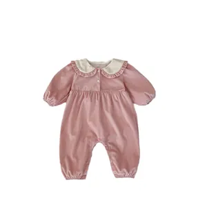 Pink striped baby romper with white Peter Pan collar and ruffled trim details