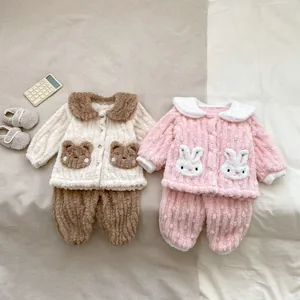 Cute Cartoon Bear Rabbit Kids Pajama Set Autumn Winter Fleece Lined Warm Baby Homewear Cardigan Two Piece Outfit