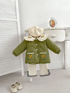 Toddler girl's grass green quilted cotton coat with floral embroidery and corduroy pants