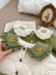 Detail of embroidered floral collar and quilted thermal lining for girls jacket