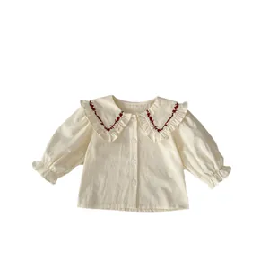 Baby-Langarmshirt für Mädchen mit Rüschenkragen und Blumenstickerei in Cremeweiß