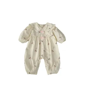 Tutina neonata a fiori maniche lunghe con colletto Peter Pan e fiocchi rosa color crema