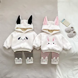 Baby Winter Fleece Set Süßes Cartoon Kapuzenoberteil Und Gestreifte Hose Kleinkind Warm Verdickte Kleidung Für Jungen Mädchen