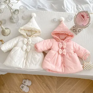 Süßer Baby Mädchen Winter Wattierter Mantel Mit Kapuze Fleece Gefüttert Dicke Jacke Mit Schleife Pompon Warme Prinzessin Oberbekleidung