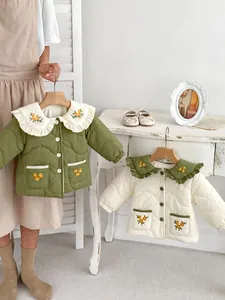 Detail of embroidered floral collar and quilted texture on toddler winter cotton coats