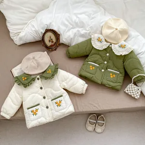 Kids Girls Winter Quilted Padded Jacket Floral Embroidery Ruffled Collar Fleece Lined Warm Cotton Coat Outerwear