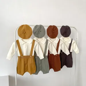 Baby Boy Knitted Set Long Sleeve Polo Shirt And Suspender Shorts And Beret Hat Toddler Outfit For Spring Autumn