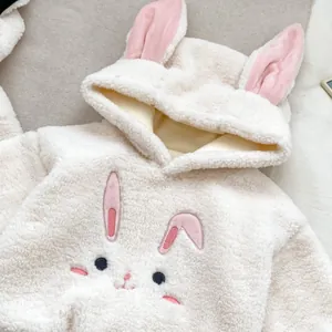 Detail von Baby-Plüsch-Kapuzenoberteil mit 3D-Hasenohren und weicher Stickerei