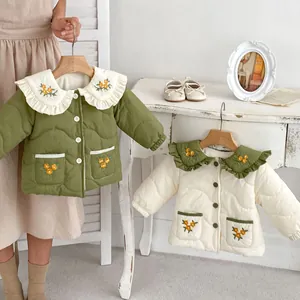 Quilted toddler winter jackets with floral embroidery and ruffle collars in green and beige
