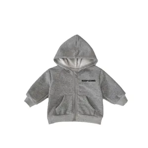Gray fleece hooded jacket for boys with Keep Going print and kangaroo pocket