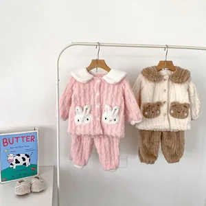 Kids warm cartoon fleece pajama set featuring cute bunny and bear motifs for winter