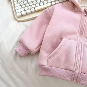 Close-up of pink fleece lining and metal zipper on baby girl winter hooded sweatshirt