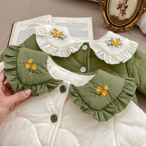 Toddler girls quilted jackets with floral embroidered collars and warm fleece lining
