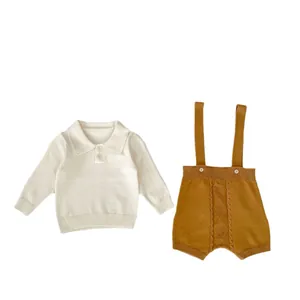 Baby boy 3-piece knit set featuring a cream polo sweater and ginger suspender shorts