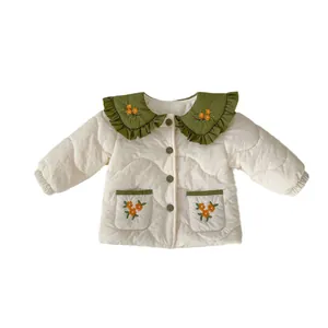 Winter quilted coat for girls with embroidered floral lapel and warm fleece lining
