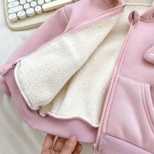 Toddler girl pink fleece hoodie set with warm lamb wool lining and ribbed cuffs