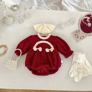 Kleinkind Mädchen Fleece Gefütterter Strampler Chenille Metallic Garn Schleife Rüschenärmel Jumpsuit Geburtstag Weihnachten Outfit