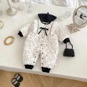 Baby Girl Floral Quilted Winter Padded Romper Long Sleeve Vintage Sweet Jumpsuit With Bow Lace Trim Thick Warm Outerwear