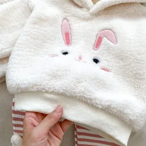 Details von Baby-Fleece-Hoodie mit Hasen-Stickerei und Textur der gestreiften Hose