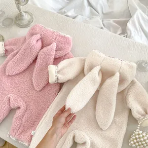 Winter infant floral hooded jumpsuits with plush fabric and cute rabbit ears in pink and white
