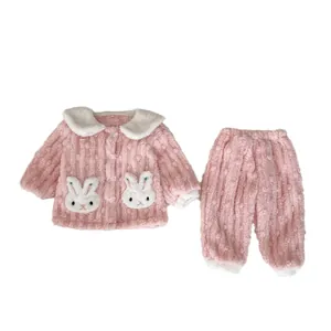 Pink cartoon rabbit children's fleece pajama set with plush collar and warm trousers