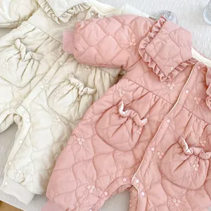 Quilted floral embroidered baby romper with ruffle collar in pink and beige colors