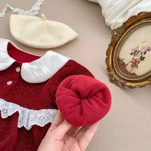 Infant girls red velvet winter romper dress set with matching fleece hat and lace collar