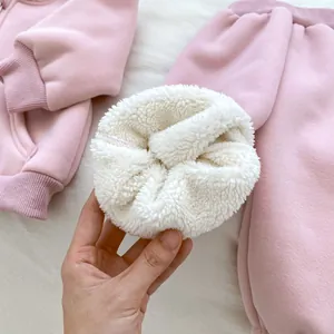 Toddler girl winter fleece tracksuit set in pink featuring cute rabbit ears hood