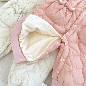 Thick quilted floral embroidered baby winter romper with warm fleece lining and buttons