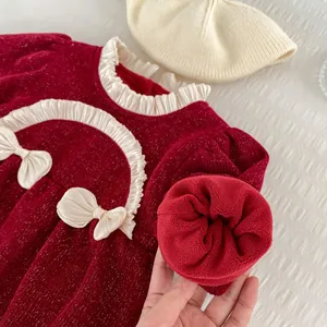 Winter Baby Mädchen Kleid in Rot mit Fleece-Futter und Schleife für das Neujahrfest