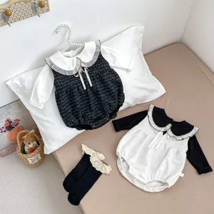 Baby Mädchen Französischer Stil Tweed Bodysuit Peter-Pan-Kragen Spitze Langarmshirt Säugling Frühling Herbst Bekleidungsset