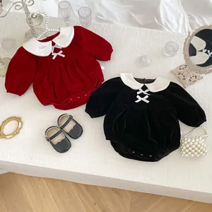 Baby Girl Velvet Romper Winter Fleece Lined Bow Peter Pan Collar Long Sleeve Jumpsuit For New Year Party