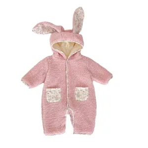 Pink fleece baby hooded romper with bunny ears and floral pockets for winter warmth