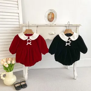 Velvet long sleeve baby rompers with Peter Pan collar and white ribbon bow in red and black